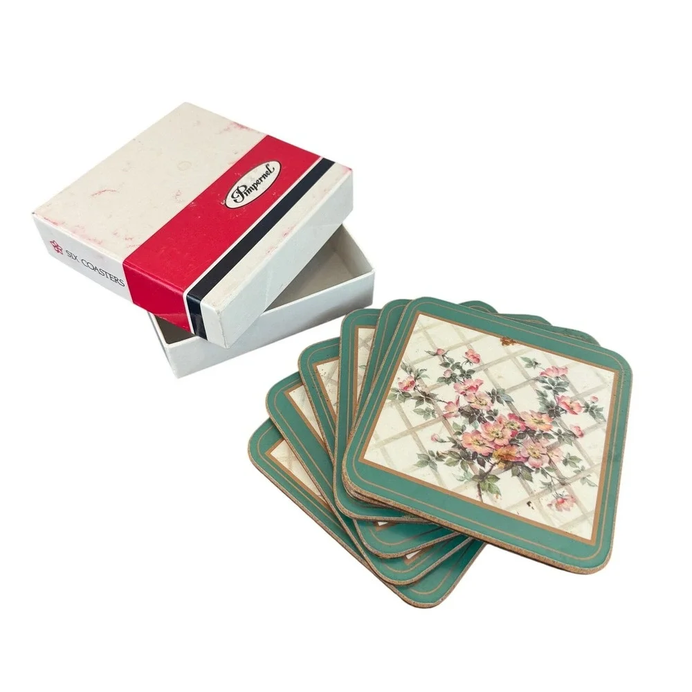 NIB VTG Pimpernel Set of 6 Coasters Romantic‎ Rose Melamine Cork 4 1/8